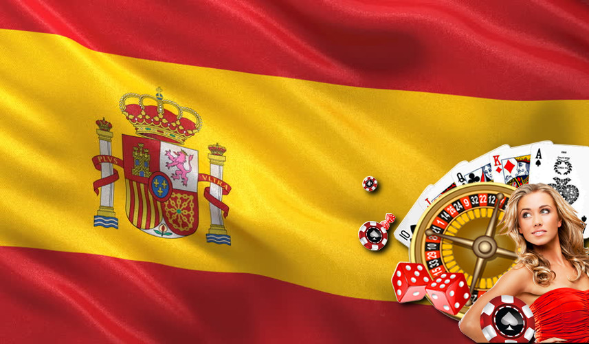 bandera España, chica rubia, juegos de casino